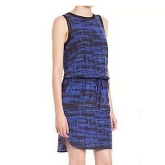 Vince 100% Silk Blue Black Sleeveless Drawstring Resort Wear Vacation Beach